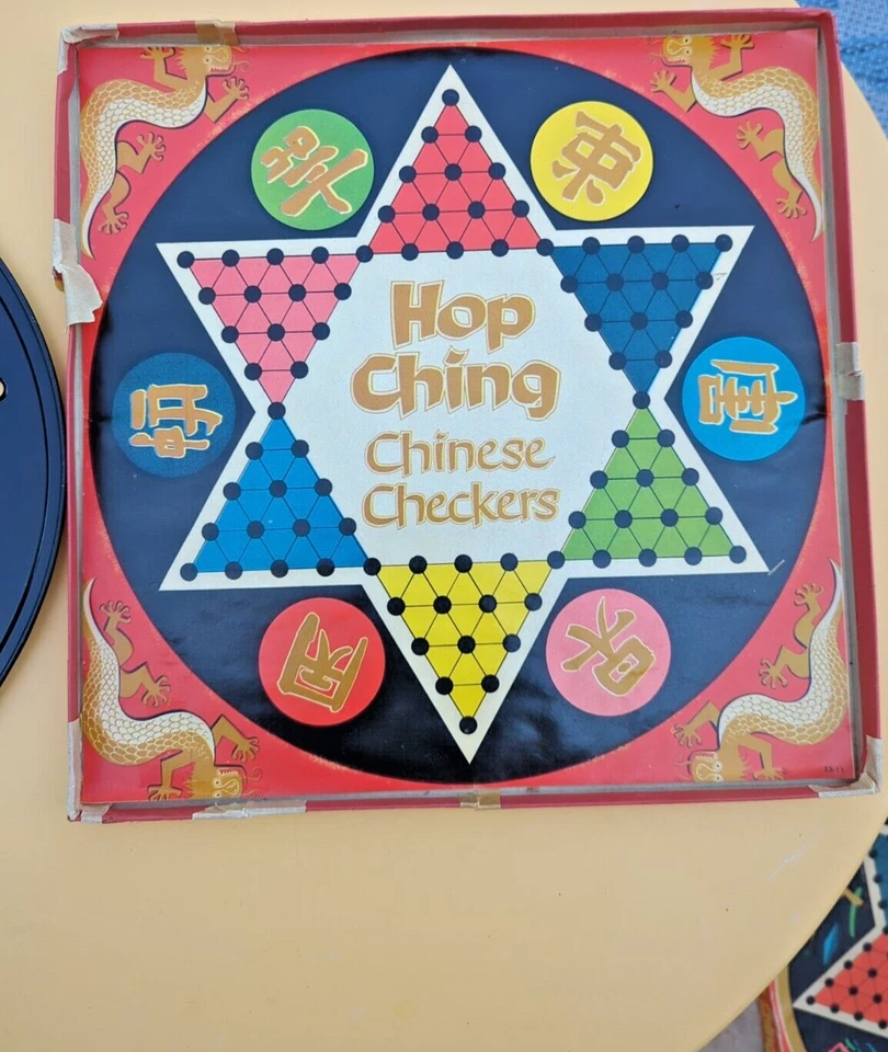 Vintage 1950's Hop Ching Chinese Checkers Tin Litho Game W/Box USA No Marbles! - Image 3 of 4