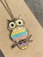 Articulated Owl Pendant On a Branch Rainbow Colors 2 1/2 in Tall, 32 in Chain