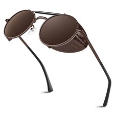 Sunier Retro Round Polarized Steampunk Sunglasses Men Women Side Shield Goggl...