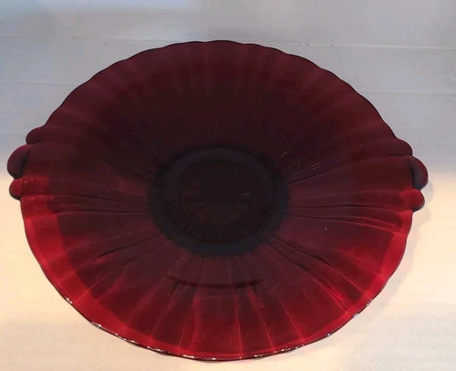 Vintage Red  Anchor Hocking Ruby Red Glass Old  Cafe 8.5" Tab Handle Ribbed Dish