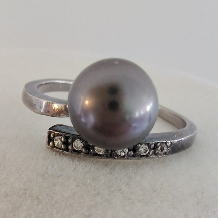 ​925 Sterling Silver Grey Pearl Ring Size 8.5 Clear CZ Accents Estate Statement