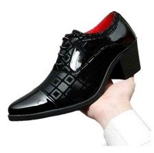 Patent Leather Mid Cuban Heel Shoes Mens Pointed toe Lace up Formal Dress Oxford