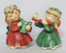 (2) Vintage Lefton HOLLY ANGEL & FLUTE Harp Yellow BIRD Christmas Figurine #1259