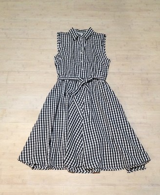 Larry Levine Black/White Gingham Checker Sleeveless Collared Belted Dress M