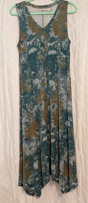 LOGO Lori Goldstein Tie Dye Maxi Dress Medium Rayon Spandex Sharkbite Hem 40''