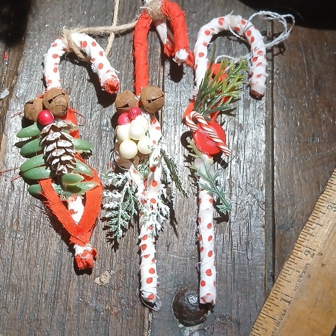 Handmade Polka Dot Candy Cane Ornaments with Pinecone & Bells Set of 3