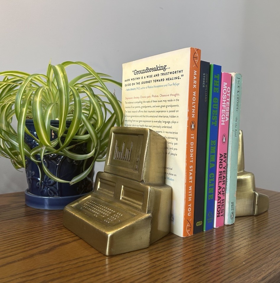 Solid brass IBM computer bookends from the 1980s — a genuinely rare, weighty, and visually stunning desk object that screams serious vintage nerd cred.