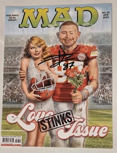 KANSAS CITY CHIEFS TRAVIS KELCE AUTOGRAPHED MAD MAGAZINE PICTURE TAYLOR SWIFT