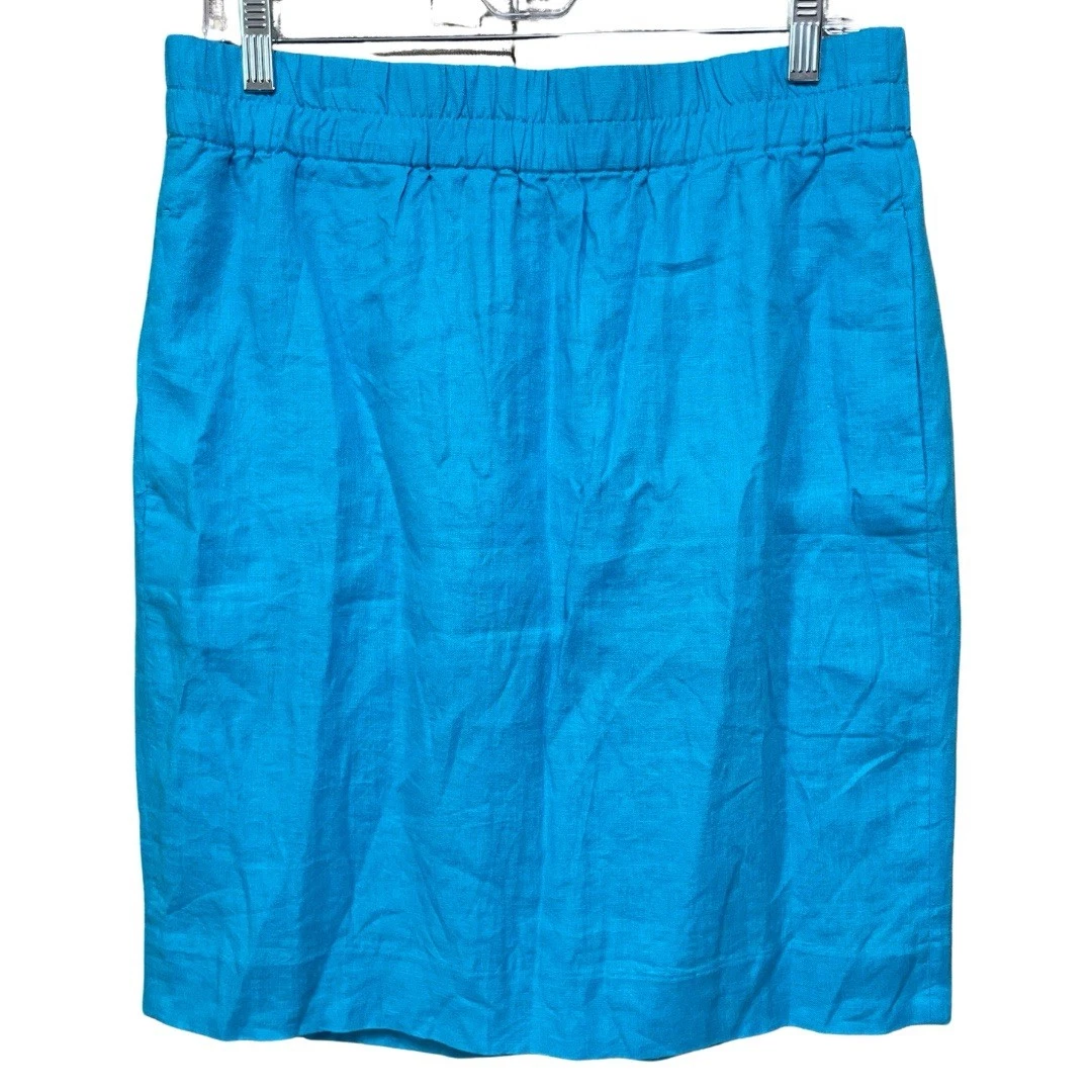 J.CREW Linen Straight Skirt Women’s M Turquoise Blue Pockets Lined Back Slit NEW