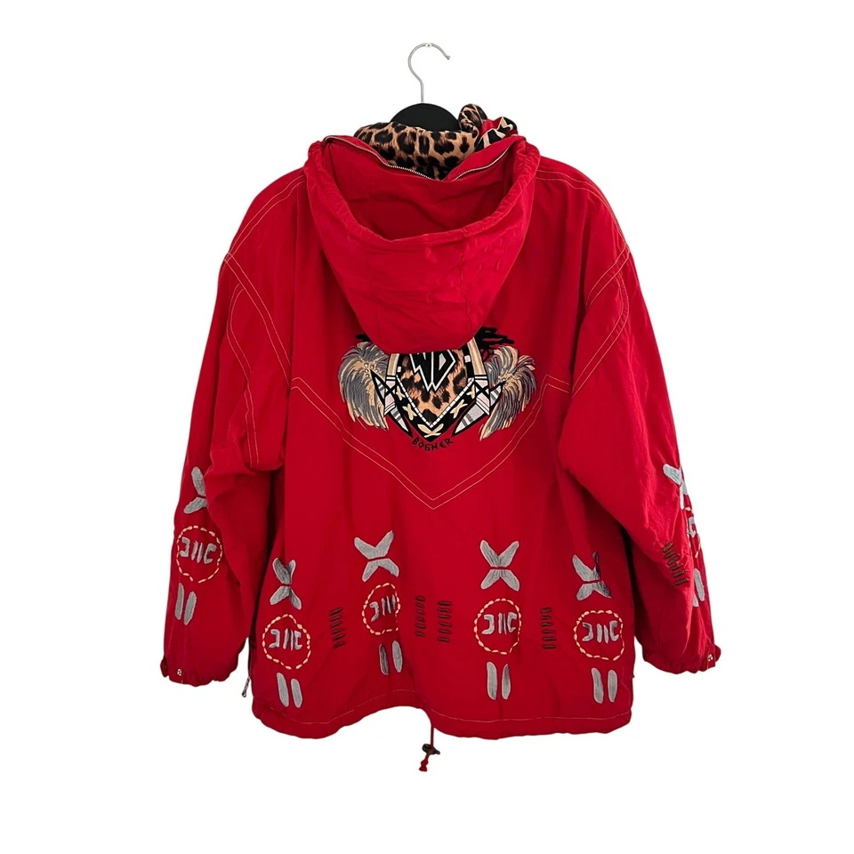 Chaqueta Anorak Con Capucha Estampado Leopardo Rojo Bogner De Colección Hecha en EE. UU. Grande Foto 3 de 4