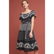 New Anthropologie Marisol Off the Shoulder Embroidered Midi Dress $230 B&W Sz 4