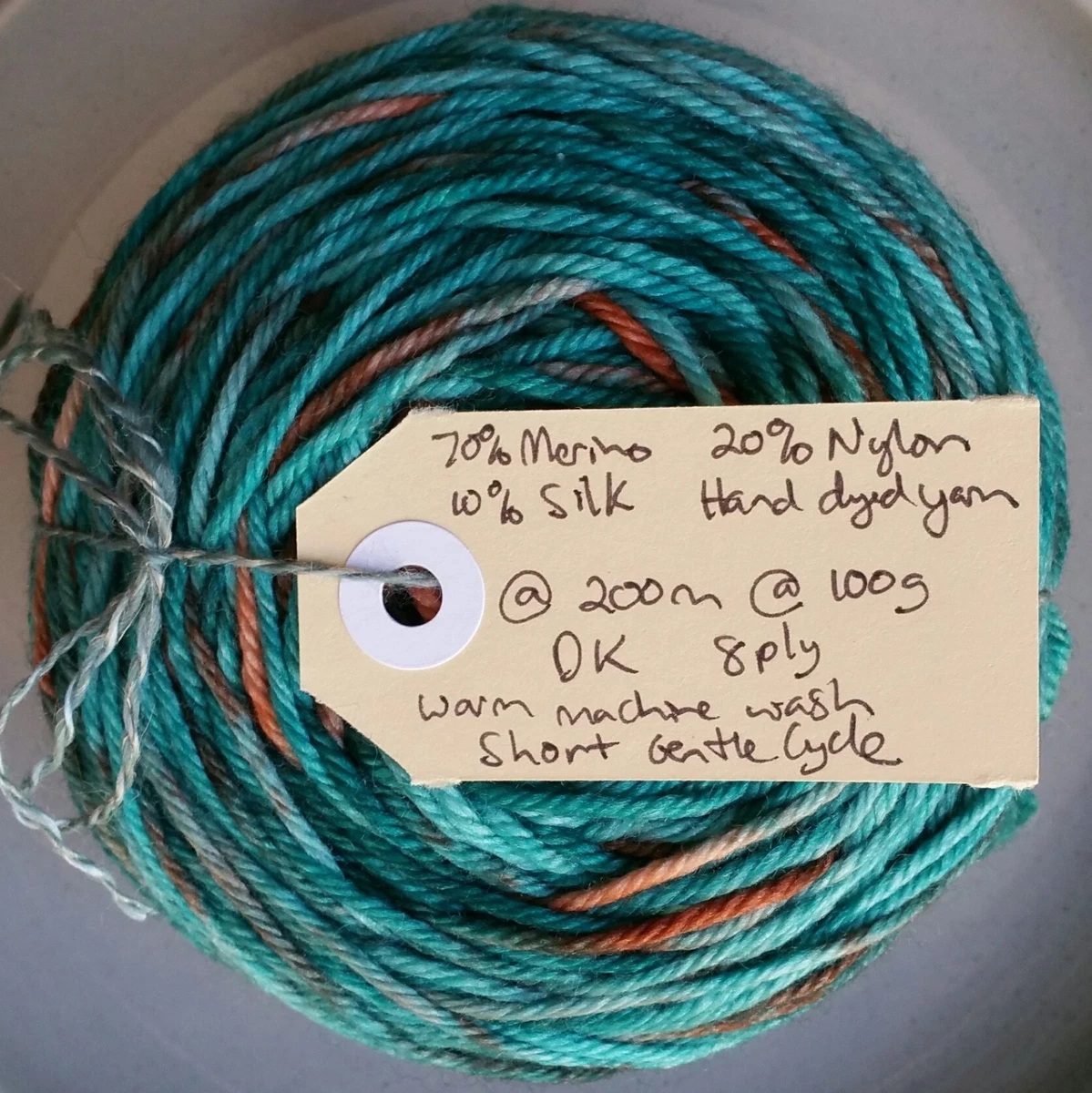 Hand Dyed 8ply Yarn, 100g 200m Variegated Teal Brown Merino Nylon Silk Blend