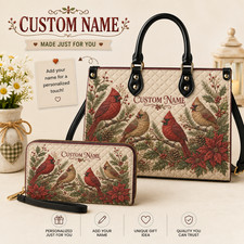 Personalized Red Cardinal Leather Handbag - Custom Floral Bird Purse