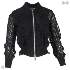 Sacai Black Cotton Eyelet Lace Cropped Shirt Tail Bomber Jacket 1 S 1255