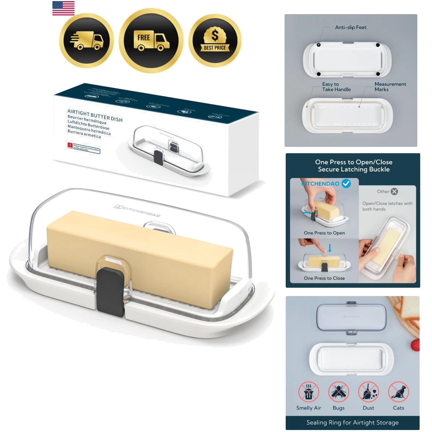 One-handed Airtight Butter Dish with Lid for Countertop and Refrigerator Door...
