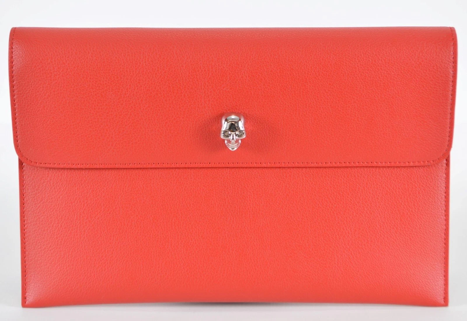 New Alexander McQueen Soft Red Leather Skull Clasp Envelope Clutch Purse