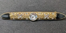 Vintage Gold Tone Rhinestone Bar Brooch – Black Enamel Tips Victorian Revival