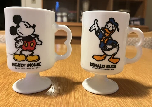 Vintage Mickey Mouse Donald Duck Milk Glass Mug Pedestal Cup Walt Disney USA