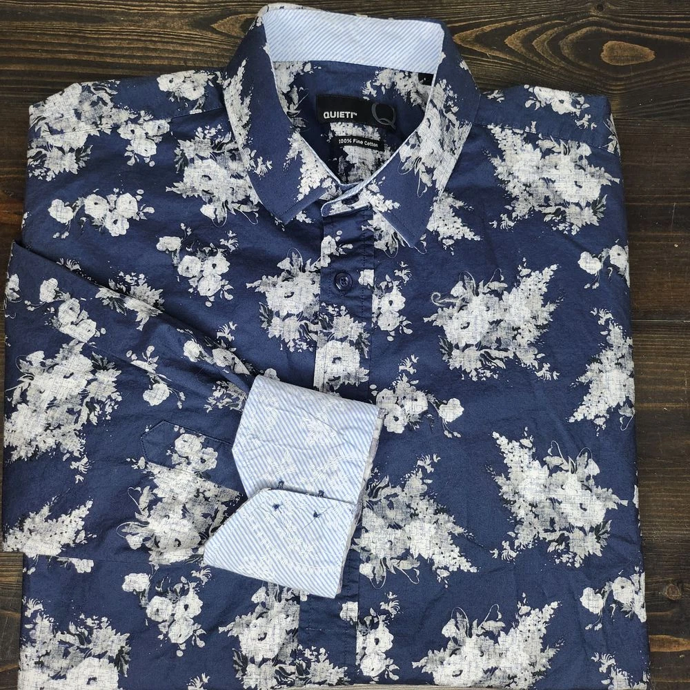 Quieti Men's Floral Print Long Sleeve Button Up Shirt Large 100% Fine Cotton