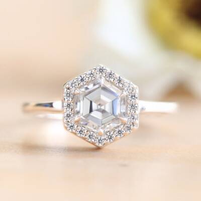 3.00 CT Hexagon Moissanite Lab Create 925 Silver Halo Wedding Engagement Ring