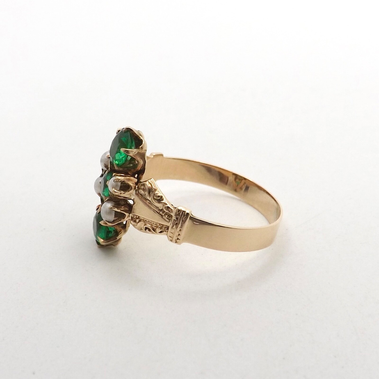 Victorian Solid 10K Gold Simulated Emerald Pearl … - image 2