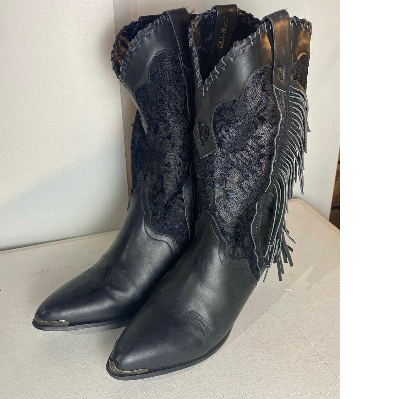 Acme Womens Lace Fringe Leather Black Cowboy Western Boot 8.5