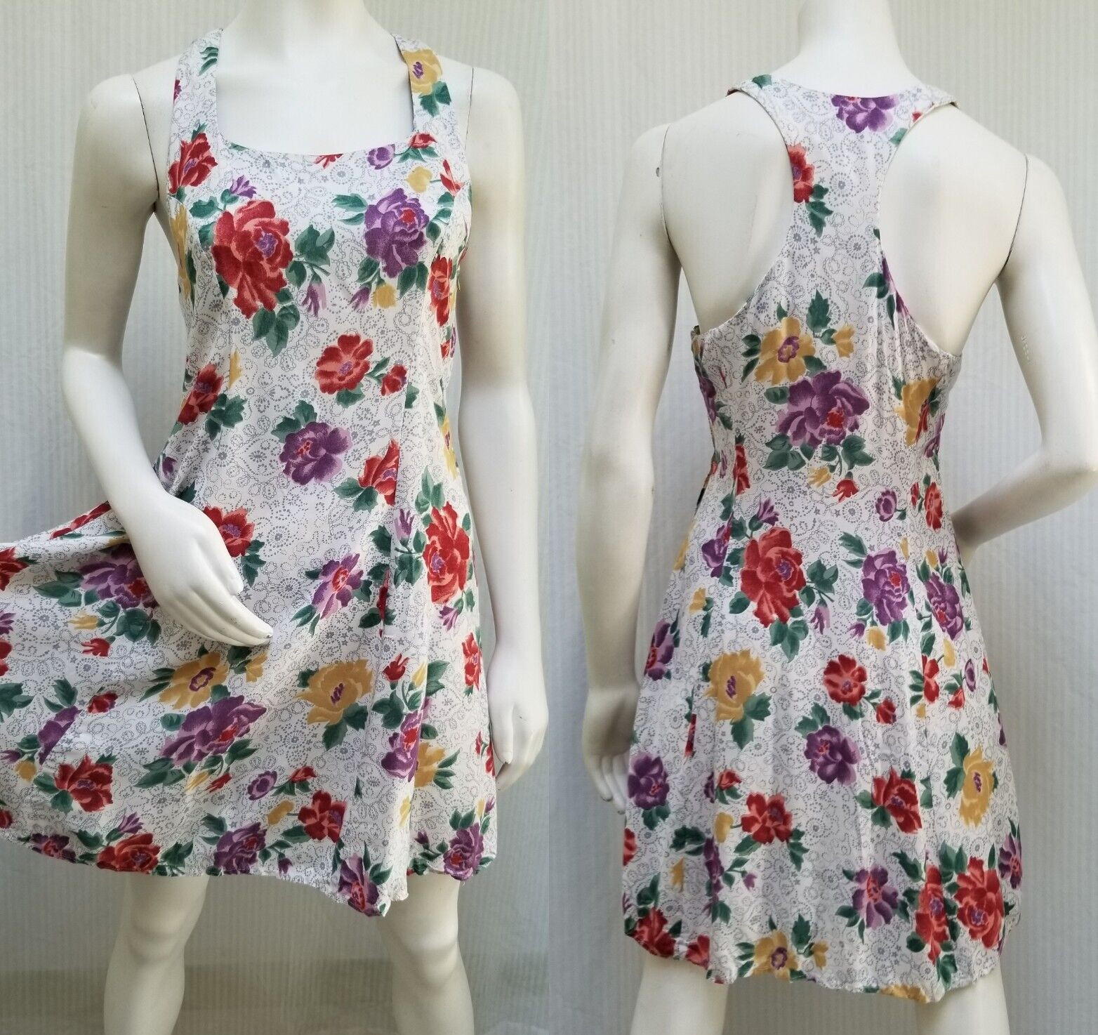 Vintage 90s Grunge Young Edwardian Floral Rayon Racerback Dress - Size S/M - EUC