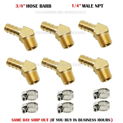 6PC 3/8 HOSE BARB X 1/4 MALE NPT Brass ELBOW 45 DEGREE Pipe Fitting Thread GAS..