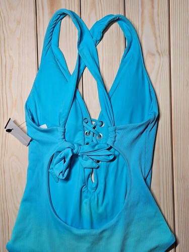 Becca One-Piece Swimsuit Ribbed Texture Halter Turquoise Ombre Blue Swimwear M - Picture 5 of 8