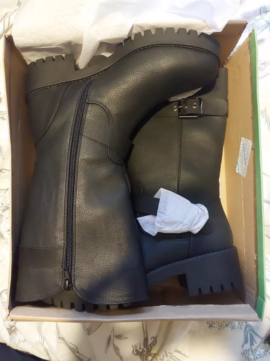 BNIB UK 8 Black Schuh Dragon Buckle Biker Boots Vegan Chunky Punk