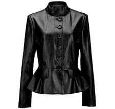 Women’s Black Classic Biker Leather Jacket | High Collar Peplum Waist Black |