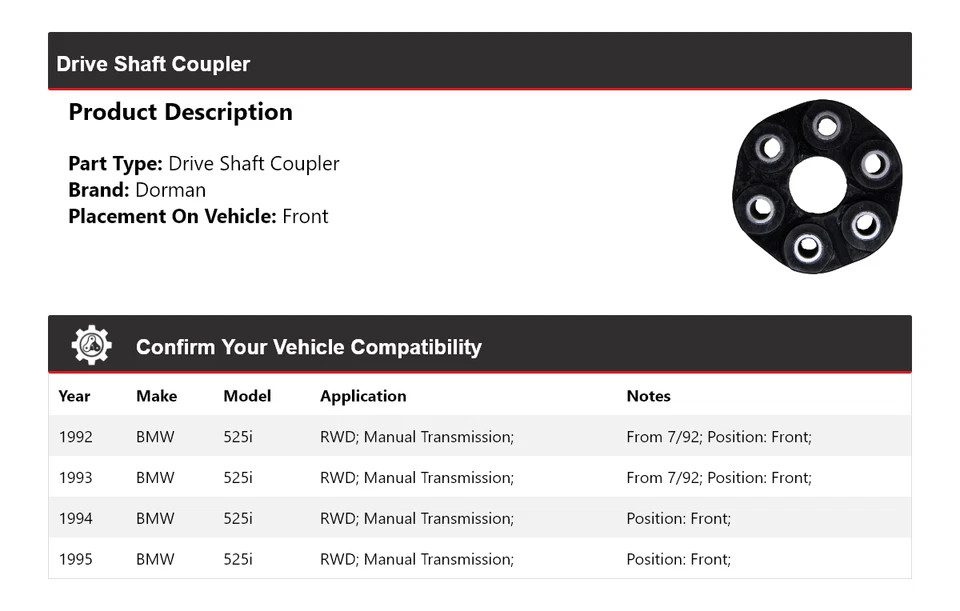 Acoplador de eje de transmisión delantero Dorman 1993 1994 para BMW 525i 1992-1995 tracción trasera Foto 2 de 4