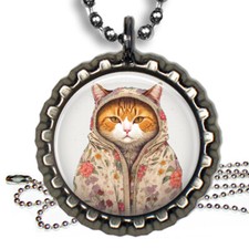 Hoodie Kitty Cat Kids Bottle Cap Necklace Handcrafted Gift Photo Jewelry