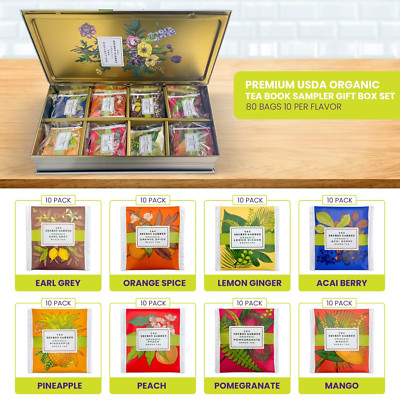 Premium Organic Tea Bag 80 Pack Sampler Designer Tin Book Gift Set 10 per Fla...