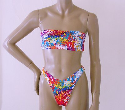 80s High Leg Brazilian Bikini Bottom and Strapless Bandeau Top in Pollack  Print