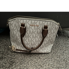 Michael Kors Brown Beige Logo Print Satchel Top Handle Bag with Bag Charm