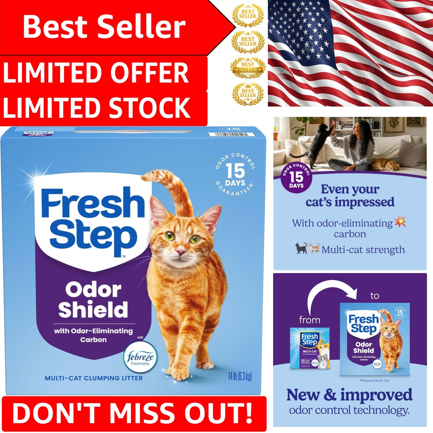 Long Lasting 14 lb Multi-Cat Clumping Litter - Odor Control 