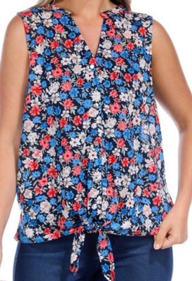 Notations Women's Floral Print Waist Tie Button Front Sleeveless Tank Top Sz M