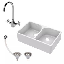 Fireclay Kitchen Sink - 795mm Double Bowl Butler with Stepped Weir, Mixer Tap &