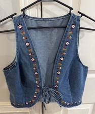 Vintage Looking Denim Vest with Floral Embroidery - Size Small