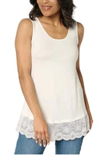 LOGO Layers by Lori Goldstein Women's Tank w Embroidered Mesh Hem Ivry