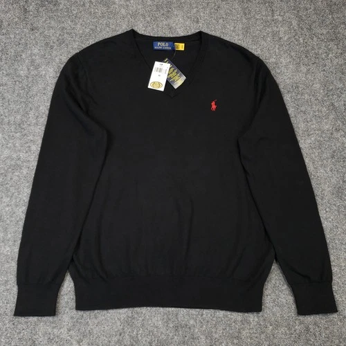 Polo Ralph Lauren Sweater Men Size Medium Black Cotton V-Neck Red Pony Logo NEW