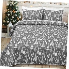 Christmas Quilt Set Queen, 3 Pieces Holiday Queen 90"x90" Grey white