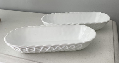 Two Indiana Glass White Basket Weave Oval Serving Dish