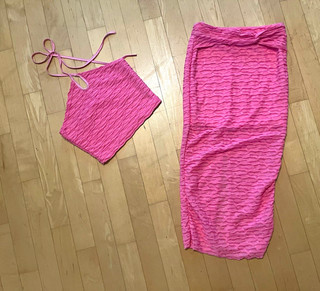 2 Tlg Damen Set rosa strukturiert Crop Top mit Bindeband & langer Rock Gr. S