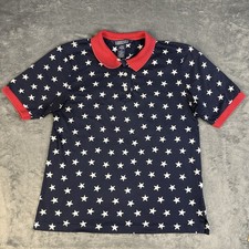 Vintage Lands' End Star Print Polo Shirt M 90s Blue Patriotic Made In USA Cotton