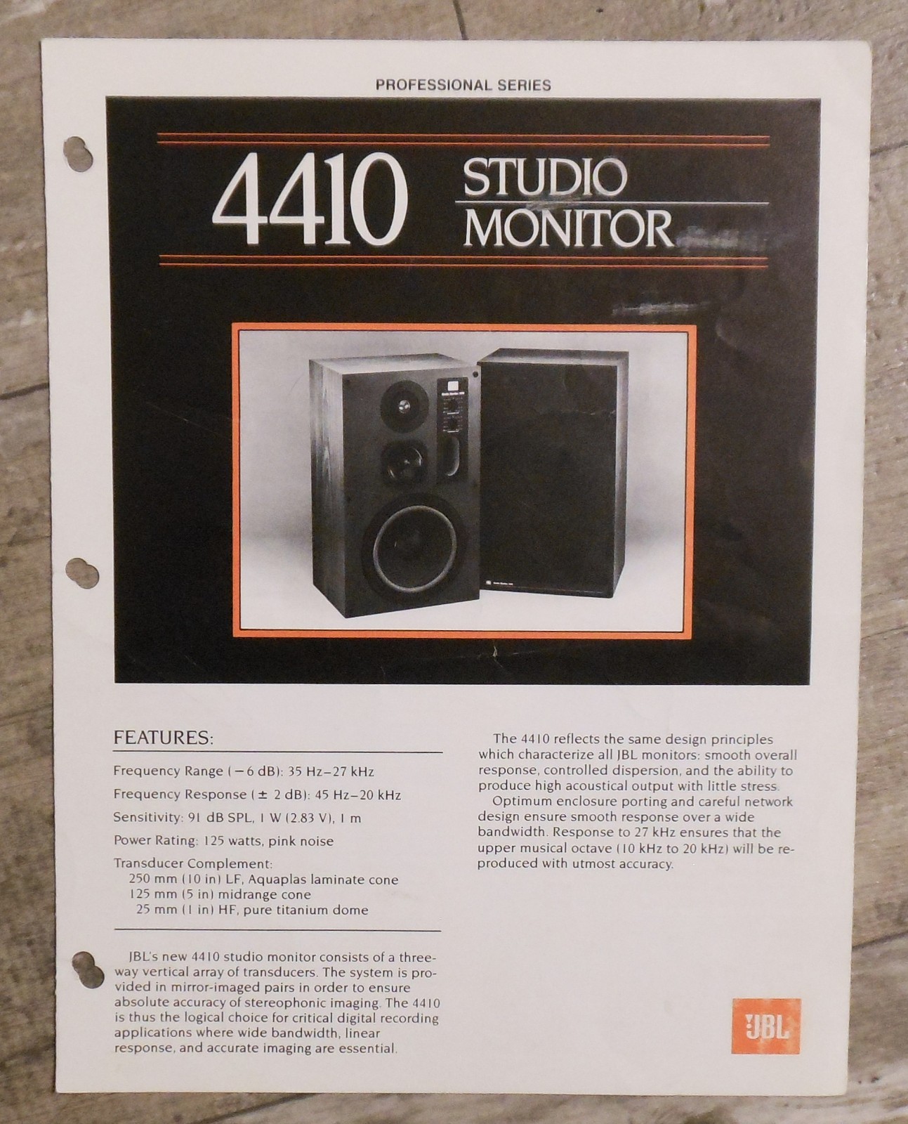 **ORIGINAL** JBL 4410 Studio Monitor Speaker's Promotional Sales Brochure