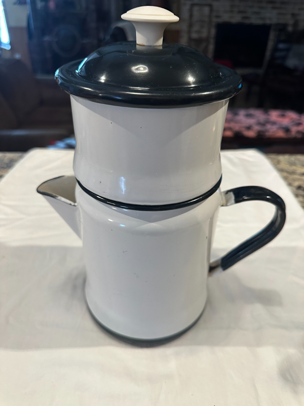 Vintage Memco enamelware campfire coffee percolator pot.