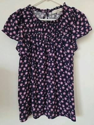 Loft Women's Floral Flutter Short Sleeve Ruffle Top Size Small Rayon