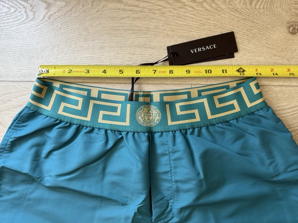 NWT Versace Mens Greca Border Swim Trunks Shorts Teal Blue Green Size 3 XS - Image 4 of 4